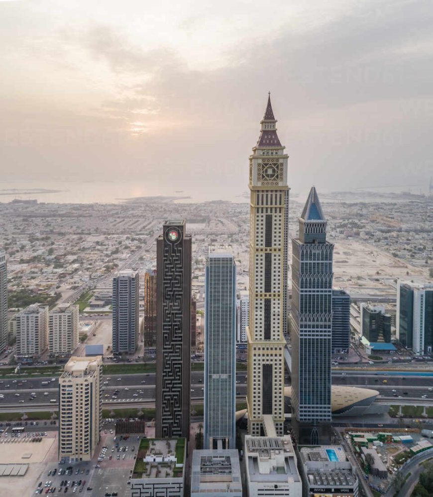 Aerial view of Al Yaqoub Tower with the sea in background In Dubai, UAE